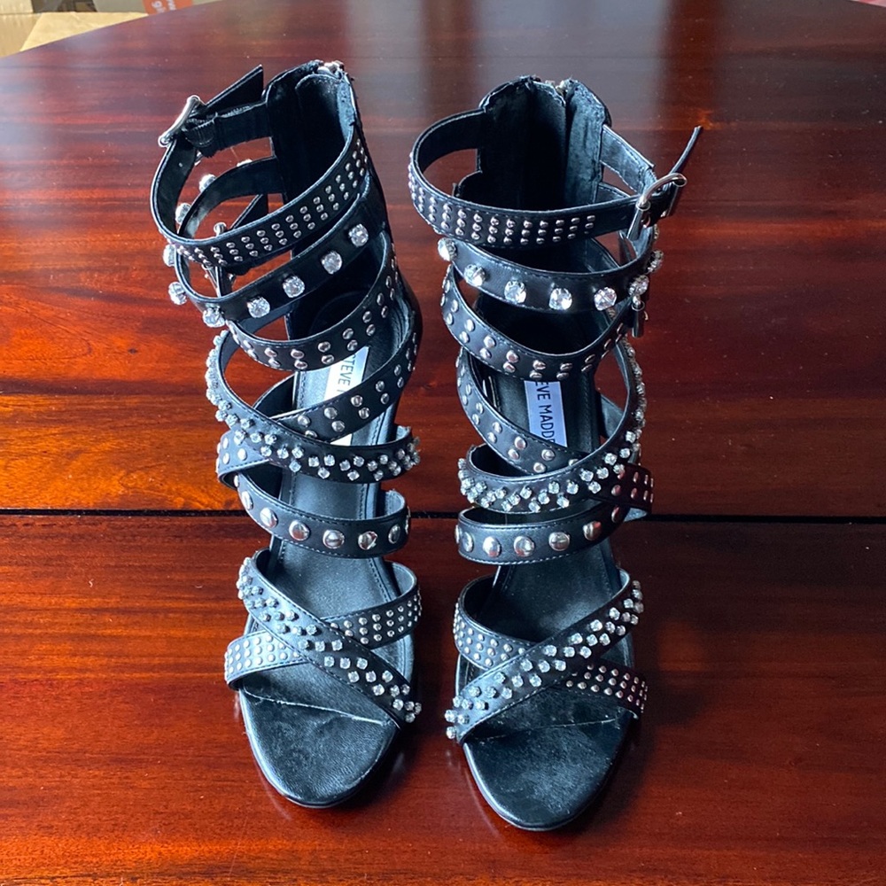 Steve Madden black silver studded heel booties.